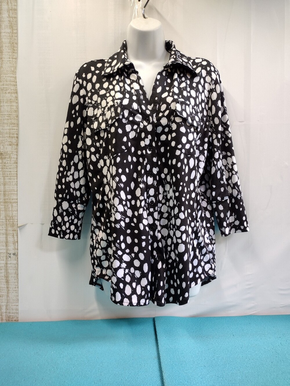 Verve Ami Black White Blouse Button Up 3/4 Sleeve - L